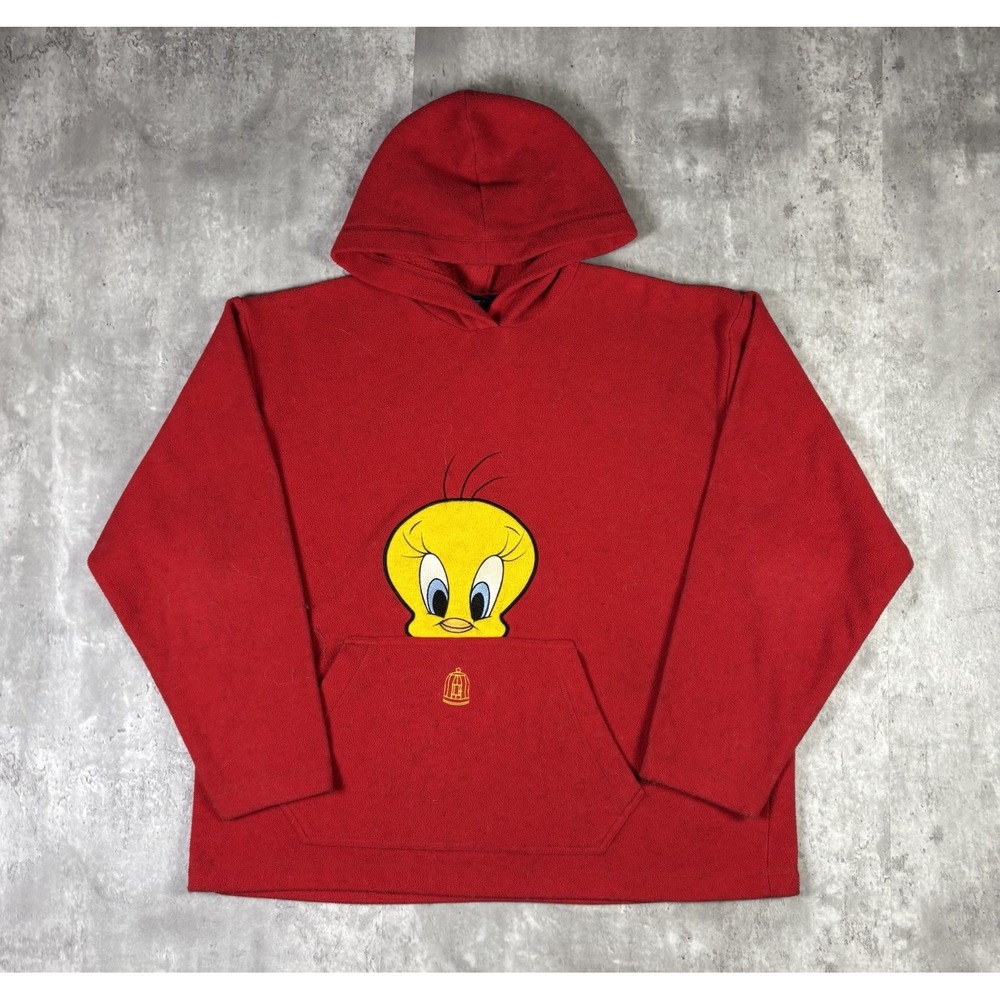 Vintage Looney Tunes Hoodie Tweety Bird Fleece Red Pullover XL 90s Cartoon